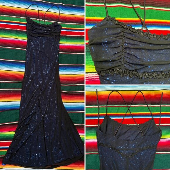 Y2K ‘FIESTA’ black mesh overlay & blue sequin maxi dress! Perfect for homecoming - Picture 1 of 8